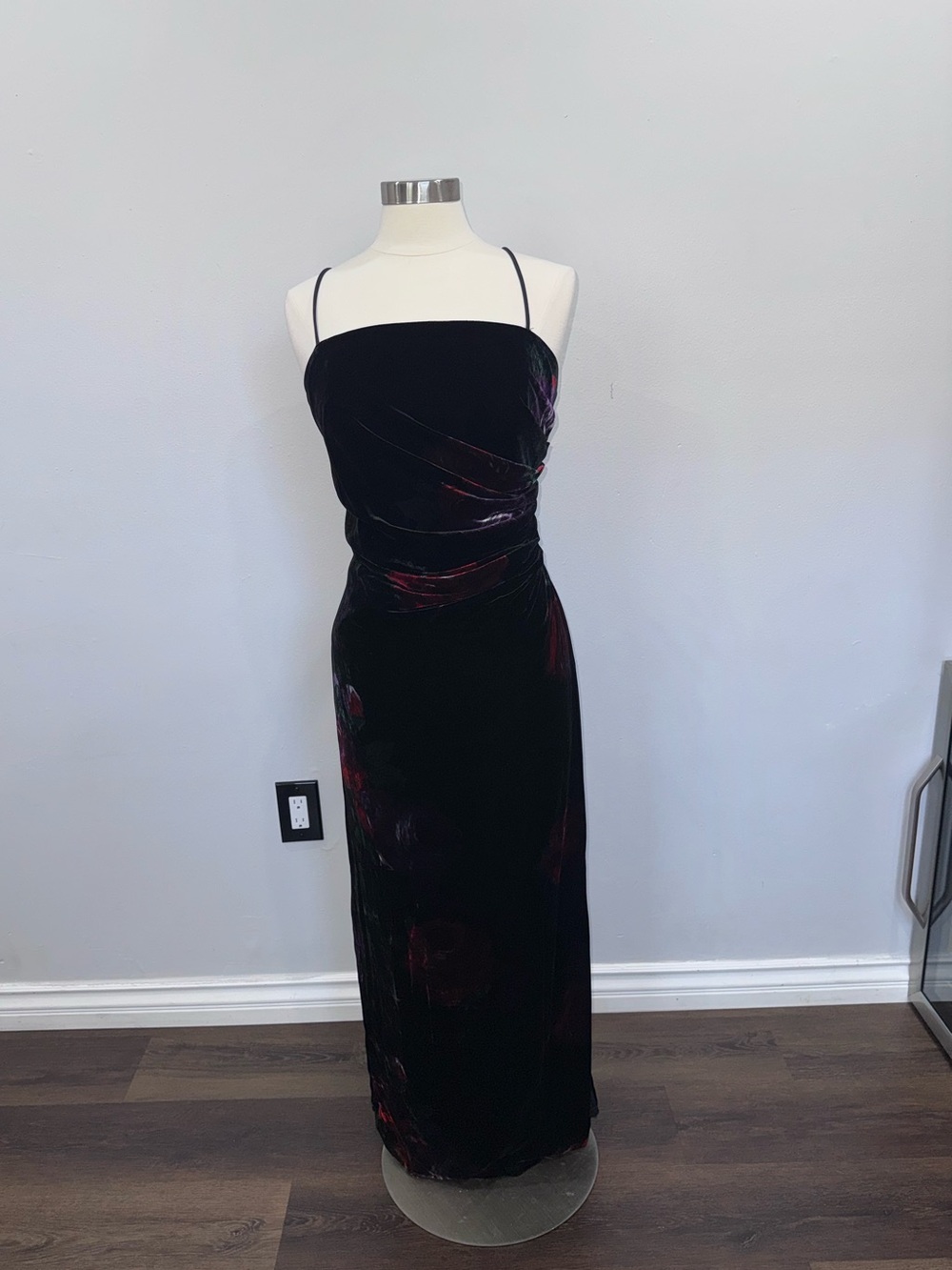 JS Collections Black Velvet Maxi Evening Gown with beautiful Red Rose Accents
